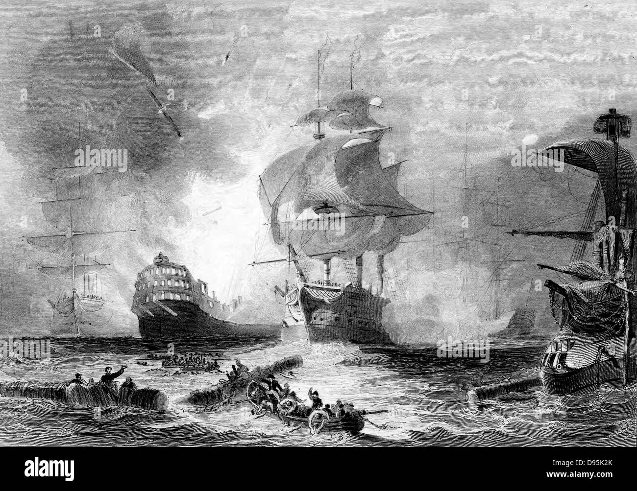 Kampf der Nil, 1. August 1798. Englische Flotte unter Nelson zerstört französische Flotte in Abuokir oder Abu Qir Bay. Kampf in der Nacht. Französische Schiff "L'Orient" um 10 Uhr explodieren. Gravur Stockfoto