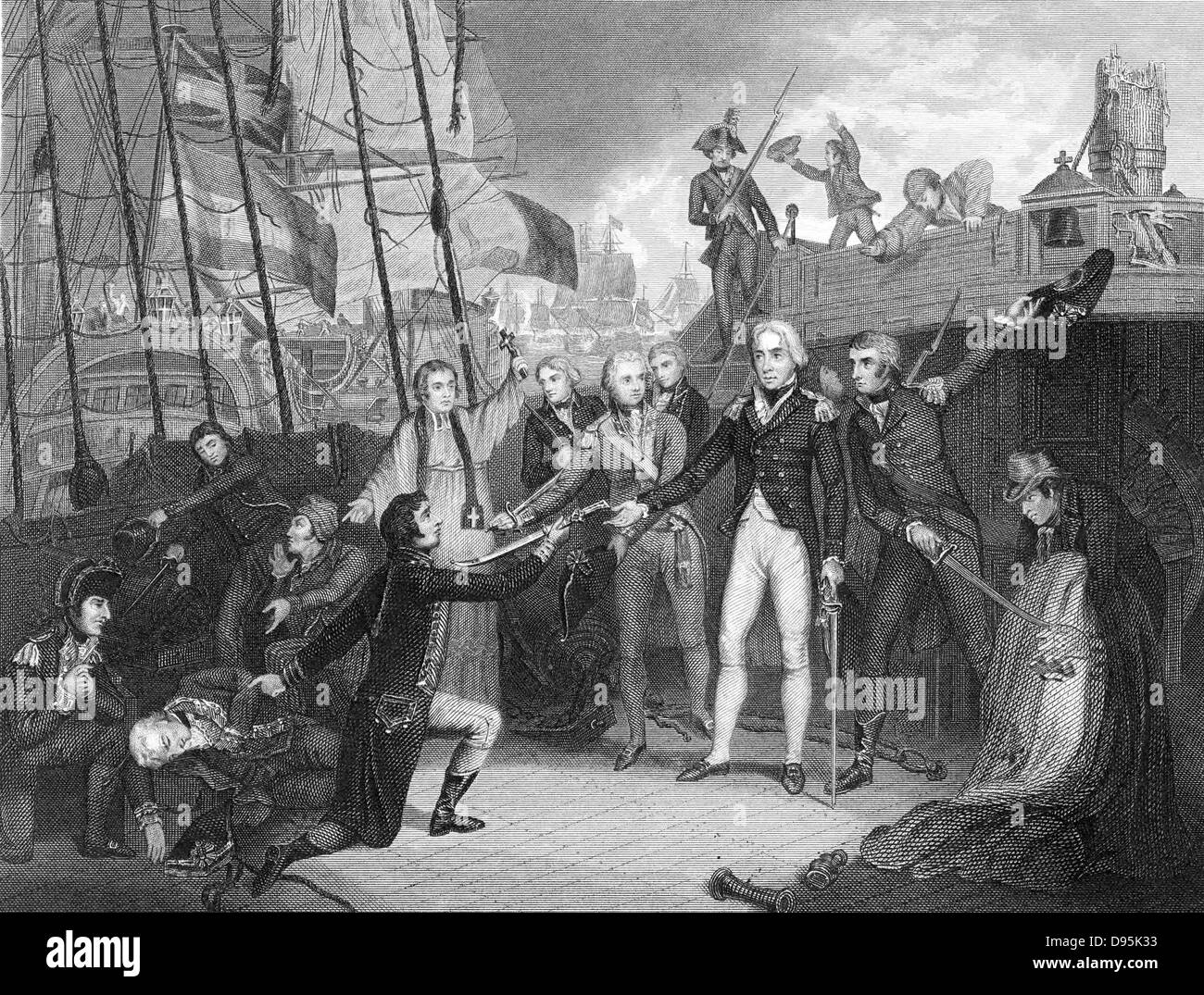 Nelson, die Kapitulation der spanische Admiral Schwert an Bord der San Joseph, Kap St. Vincent zu akzeptieren. Gravur Stockfoto