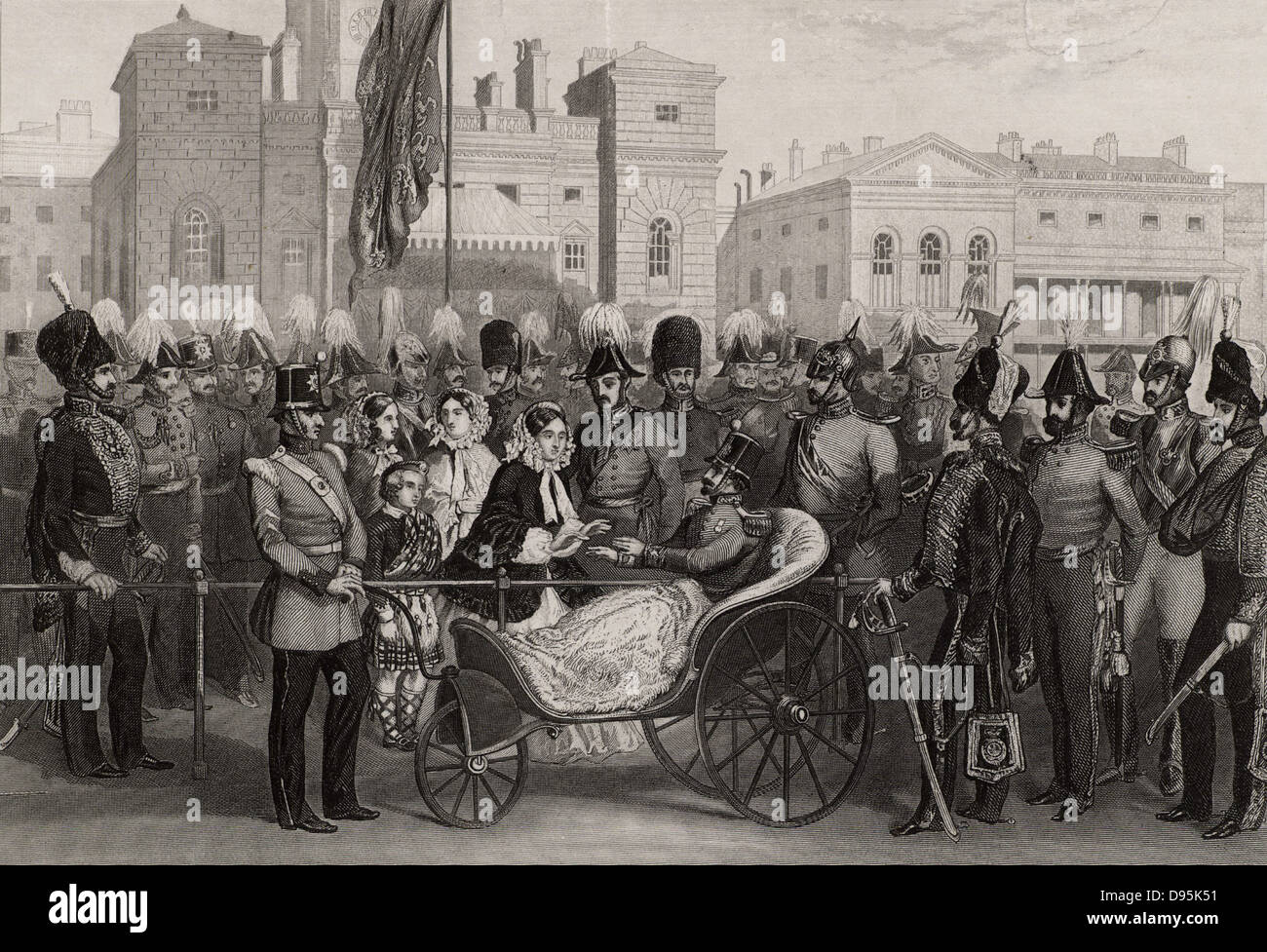 Queen Victoria verteilen Krim Medaillen bei Horse Guards, London, 18. Mai 1856. Sie präsentiert eine Medaille zu Sir Thomas Troubridge (1815-1867), der sein rechtes Bein verloren und linken Fuß bei Inkerman, und ihn zur Ernennung als Aide-de-camp. Krim (Russisch-türkischen Krieg 1853-1856). Stockfoto