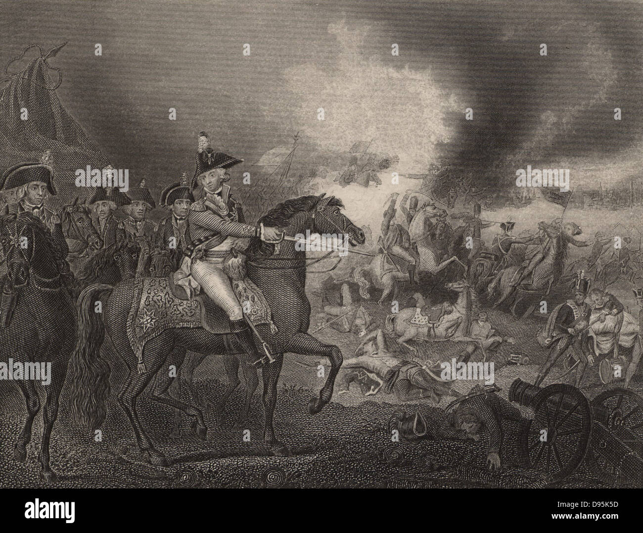 Friedrich August, Herzog von York und Albany (1763-1827), Oberbefehlshaber der englischen Armee in Flandern (1793-1795), der Führende der alliierte Angriff auf die französische Lager auf Hügeln in der Nähe von Valenciennes. Die Stadt wurde vom 23. Mai bis 28. Juli 1793, bei der Garnison auf die Verbündeten, Österreich, Großbritannien und Hannover übergab belagert. Im späteren Leben wurde er als "The Grand Old Duke of York" bekannt. Gravur. Stockfoto