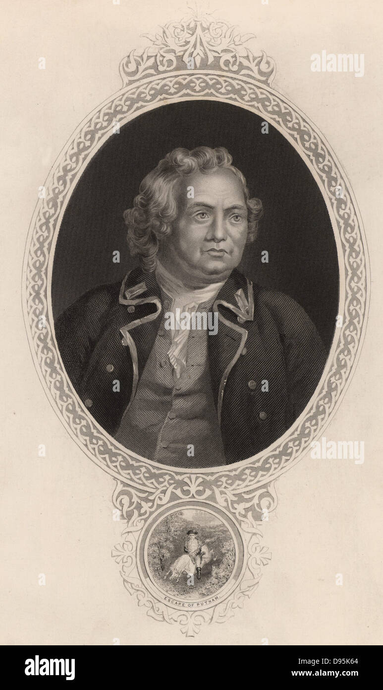 Israel Putnam (1718-1790) amerikanischer Patriot, Salem, Massachusetts geboren. Von Indianern gefangen genommen und im Jahre 1758 von der Französischen befreit. Allgemein in der amerikanischen Armee während des Amerikanischen Unabhängigkeitskrieges, auch genannt der amerikanischen Unabhängigkeit (1775-1783). Selbst in der Schlacht von Bunker Hill Unterschieden (1775). Gravur. Stockfoto