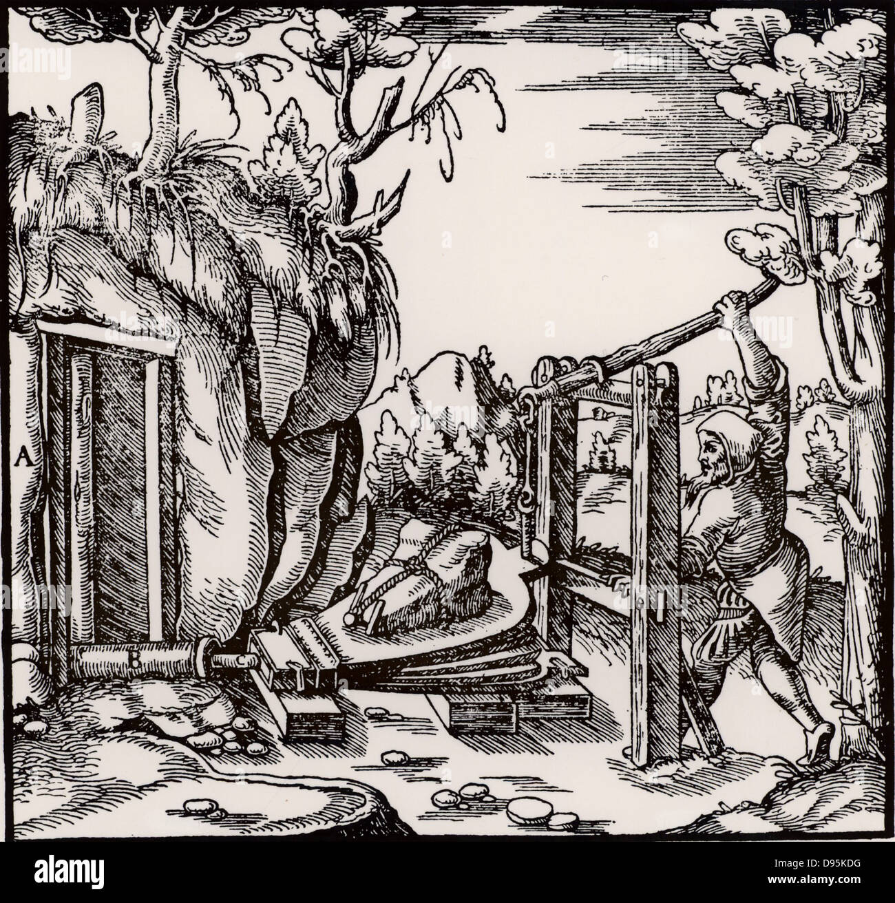 Lüftung eine Mine mit Balg. Von "De re Metallica", die von Agricola, Pseudonym von Georg Bauer (Basel, 1556). Holzschnitt. Bergbau. Stockfoto