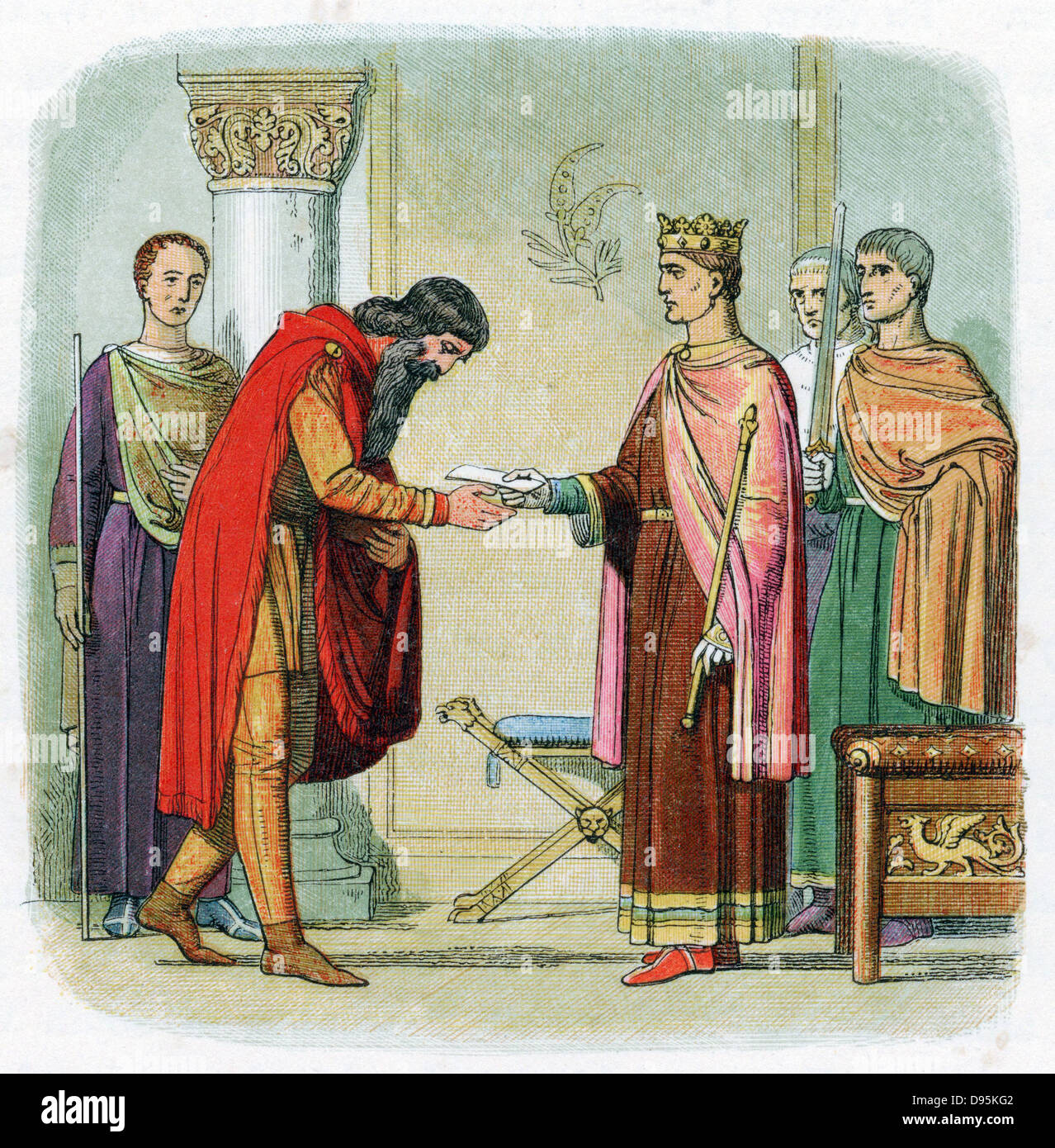 Henry II (1133-89) erste Plantagenet, der König von England von 1154; Henry Ermächtigung Diarmaid, verbannt, der König von Leinster, Kräfte aus dem Englischen zu erheben. Farbe gedruckten Holzstich c 1860. Stockfoto