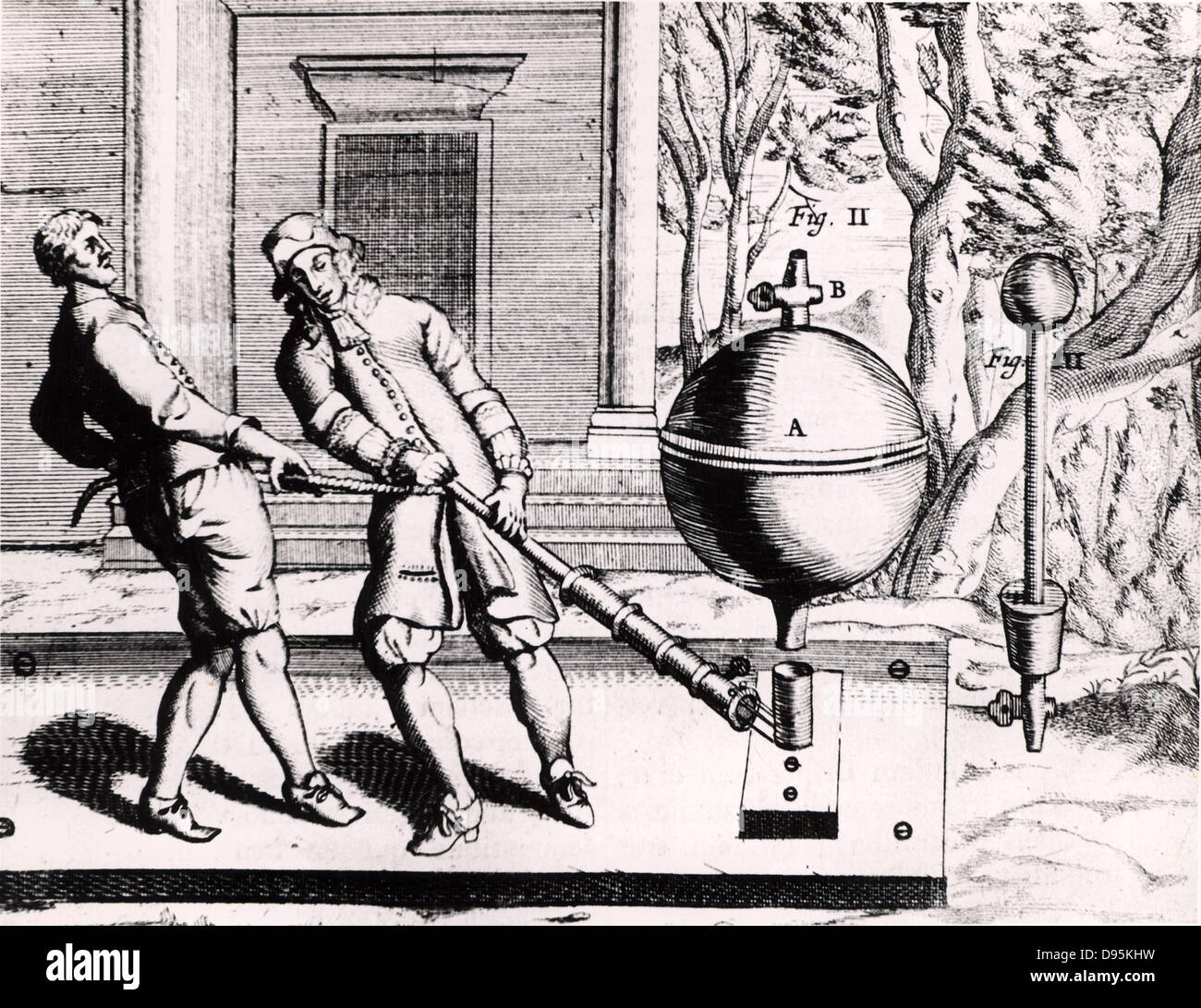 Von-Guericke-universität's zweite Luftpumpe (1656?), hier gezeigt verwendet wird zwei Magdeburger Halbkugeln zu erschöpfen. Von "Experimentelle Nova" von Otto-von-Guericke-Universität (Amsterdam, 1672). Stockfoto