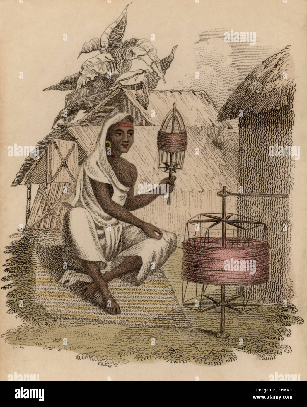 Indische Frau Wicklung Seidenfaden. Handkolorierten Kupferstich veröffentlicht Rudolph Ackermann, London, 1822. Stockfoto