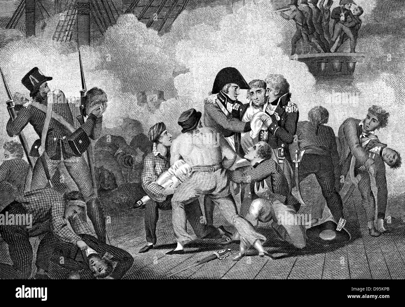 Tod von Nelson (1758-1805) an Bord der "HMS Victory" an der Schlacht von Trafalgar. Gravur von 1827 Stockfoto