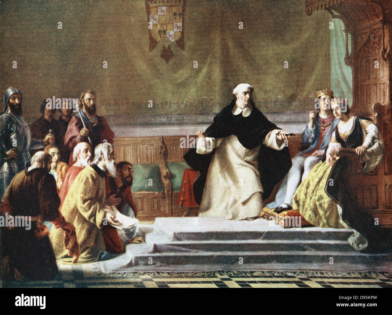 Die Vertreibung der Juden aus Spanien, 1492. Ferdinand und Isabella, um Gnade gebeten, einige von denen, die abgeschoben werden sollen, aber Prälat hält Kreuz vor Ihnen und Sie daran erinnern, dass die Juden konnte nur bleiben, wenn sie zum Christentum konvertiert. Jahrhunderts buch Illustrtion. Stockfoto