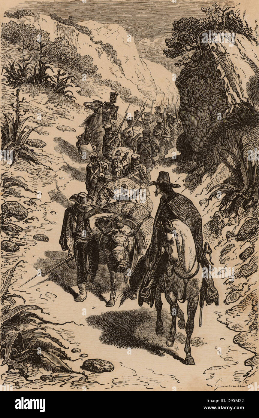 Maultier Zug mit Diamanten in Brasilien abgebaut durch eine Militärwache begleitet wird. Von "unterirdische Leben; Oder, Bergwerke und Bergleute" von Louis Simonin (London, 1869). Holzstich. Stockfoto Maultier Zug mit Diamanten in Brasilien abgebaut durch eine Militärwache begleitet wird. Von "unterirdische Leben; Oder, Bergwerke und Bergleute" von Louis Simonin (London, 1869). Holzstich. Stockfoto
