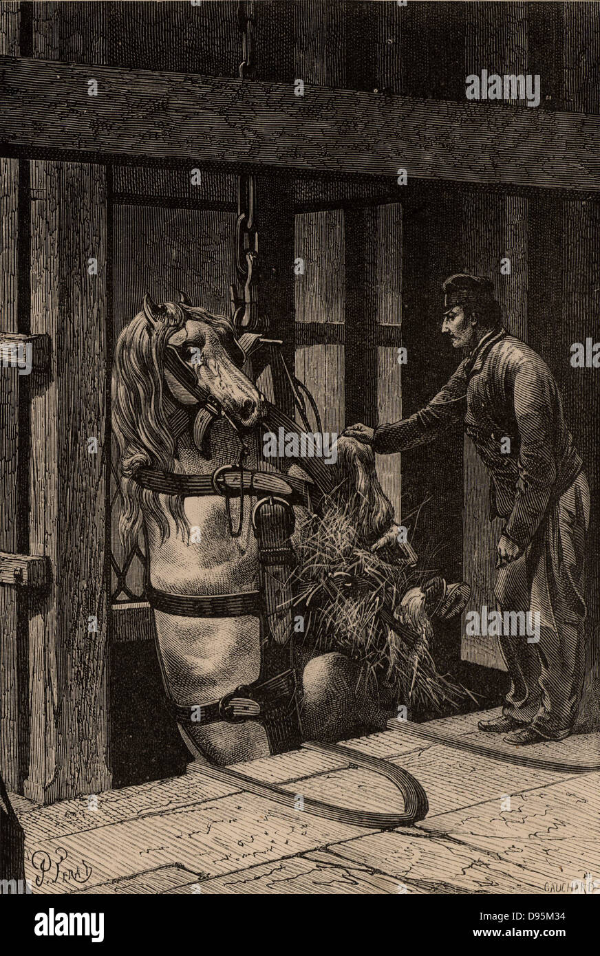 Eine Grube Pony, einen Schacht in der Creuzot Revier, Frankreich gesenkt. Von "unterirdische Leben; Oder, Bergwerke und Bergleute" von Louis Simonin (London, 1869). Holzstich. Stockfoto