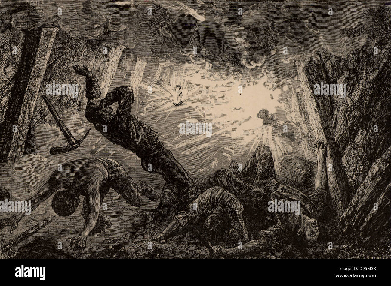 Explosion der Feuer-feuchten (Methan) in die Mine. Von "unterirdische Leben; Oder, Bergwerke und Bergleute" von Louis Simonin (London, 1869). Holzstich. Stockfoto