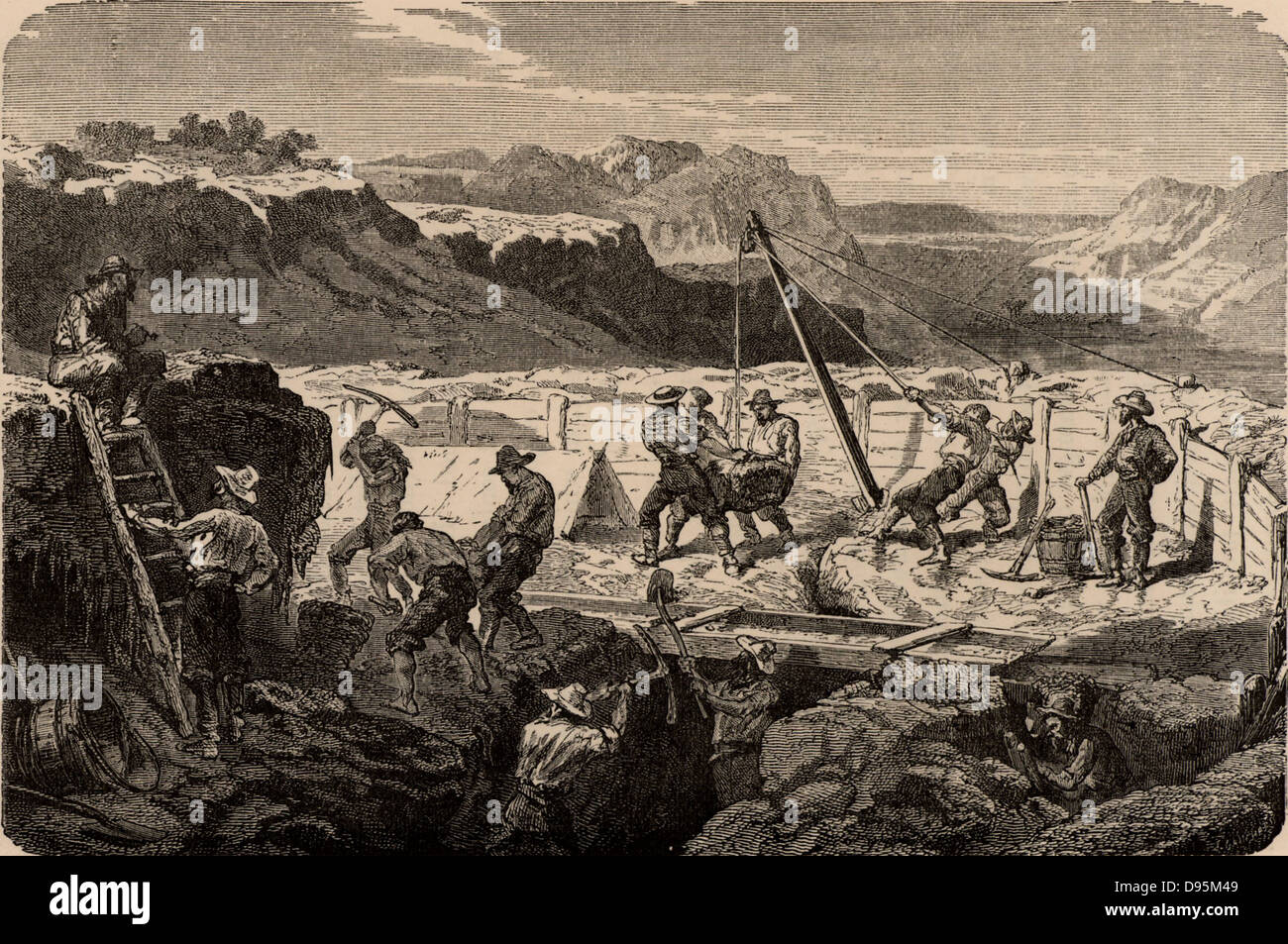 Mit einem "Long Tom" für Gold in der kalifornischen Gold Fields zu waschen. Die bergleute das Wasser Kurse umgeleitet wird, dann gegraben aus dem erz-Lager Sands, die Sie für Gold gewaschen. Der Kalifornische Goldrausch begann im Jahre 1849. Von "unterirdische Leben; Oder, Bergwerke und Bergleute" von Louis Simonin (London, 1869). Holzstich. Stockfoto Mit einem "Long Tom" für Gold in der kalifornischen Gold Fields zu waschen. Die bergleute das Wasser Kurse umgeleitet wird, dann gegraben aus dem erz-Lager Sands, die Sie für Gold gewaschen. Der Kalifornische Goldrausch begann im Jahre 1849. Von "unterirdische Leben; Oder, Bergwerke und Bergleute" von Louis Simonin (London, 1869). Holzstich. Stockfoto