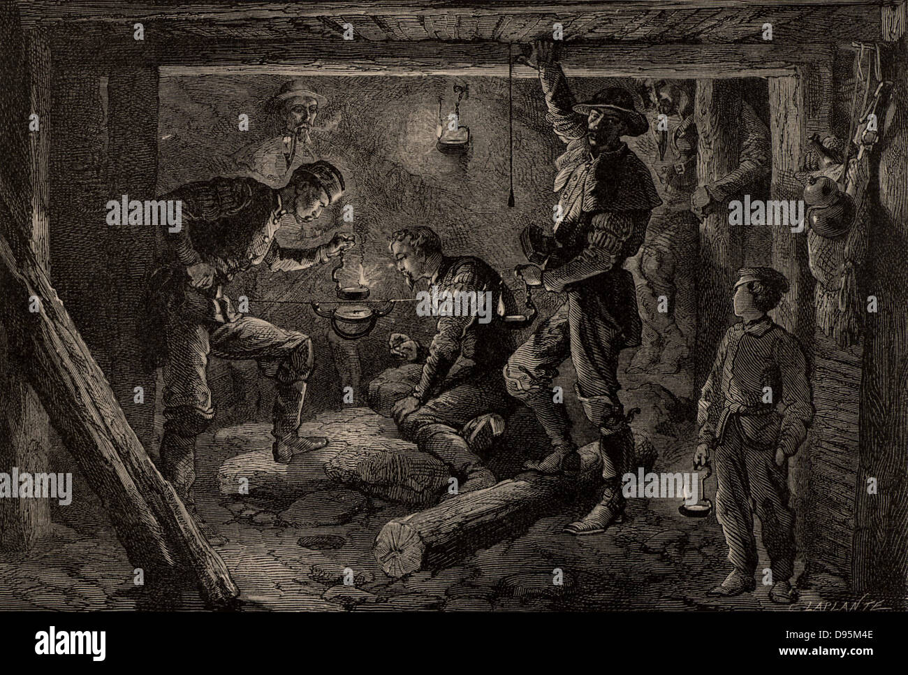 Mit einem Kompass den Plan einer Metallhaltigen Mine, Deutschland zu wählen. Von "unterirdische Leben; Oder, Bergwerke und Bergleute" von Louis Simonin (London, 1869). Holzstich. Stockfoto