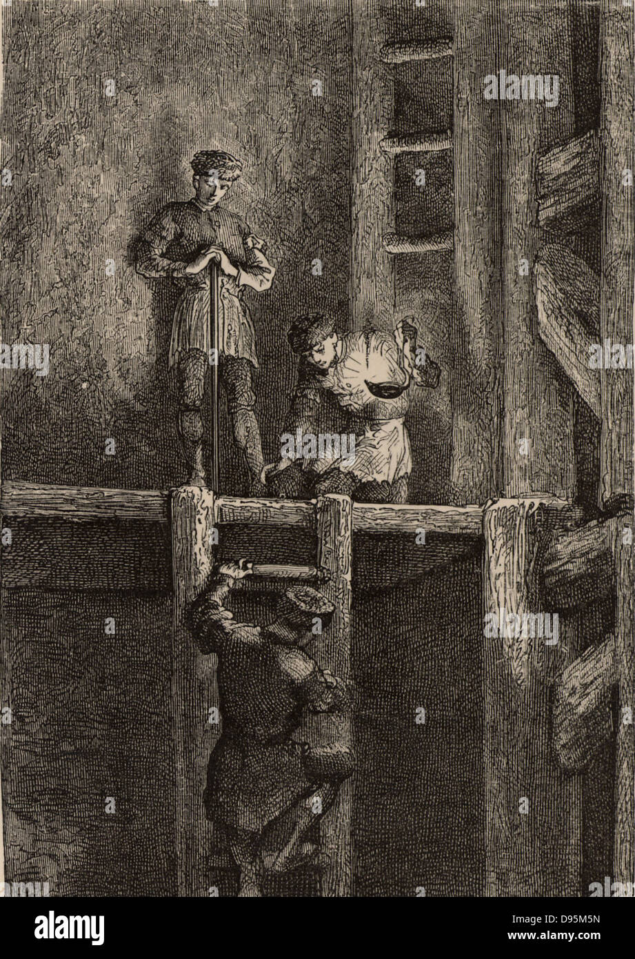 Bergleute im Harz Minen, Deutschland, absteigend die Leiter der Welle durch das Licht einer Öllampe. Von "unterirdische Leben; Oder, Bergwerke und Bergleute" von Louis Simonin (London, 1869). Holzstich. Stockfoto