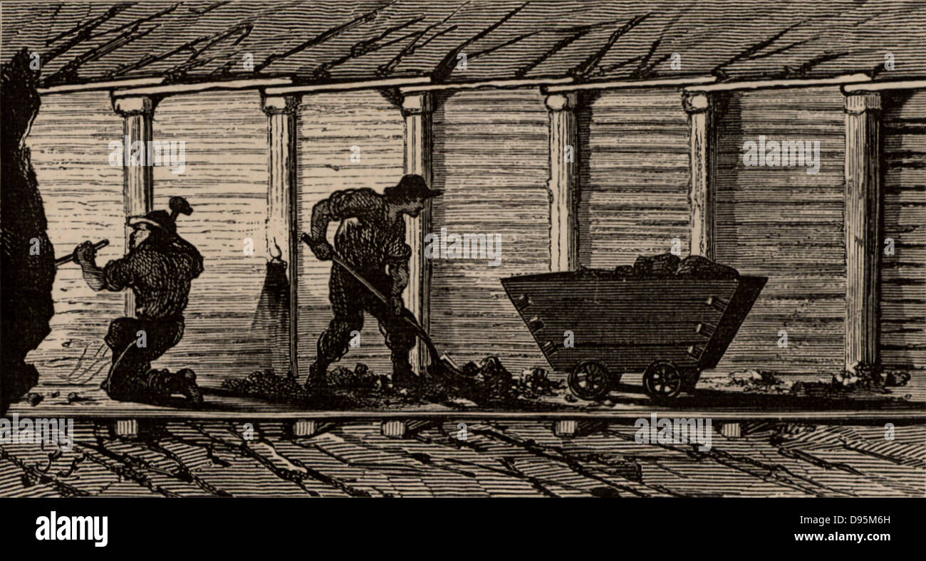 Bergleute in ein fachwerkhaus Ebene arbeiten. Von "unterirdische Leben; Oder, Bergwerke und Bergleute" von Louis Simonin (London, 1869). Holzstich. Stockfoto
