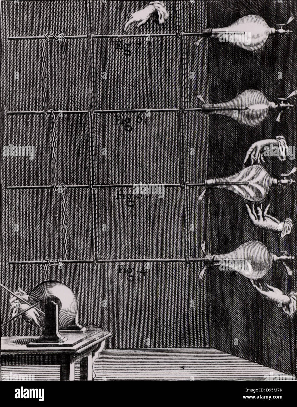 Elektrische Entladungen in evakuiert Glas Gefäße durch statische Elektrizität, die durch einen gläsernen Globus elektrische Maschine verursacht. Von "Forschung sur les Particulaires Ursachen des Phenomenes Electriques" durch Abbe Nollet (Paris, 1753). Gravur. Stockfoto