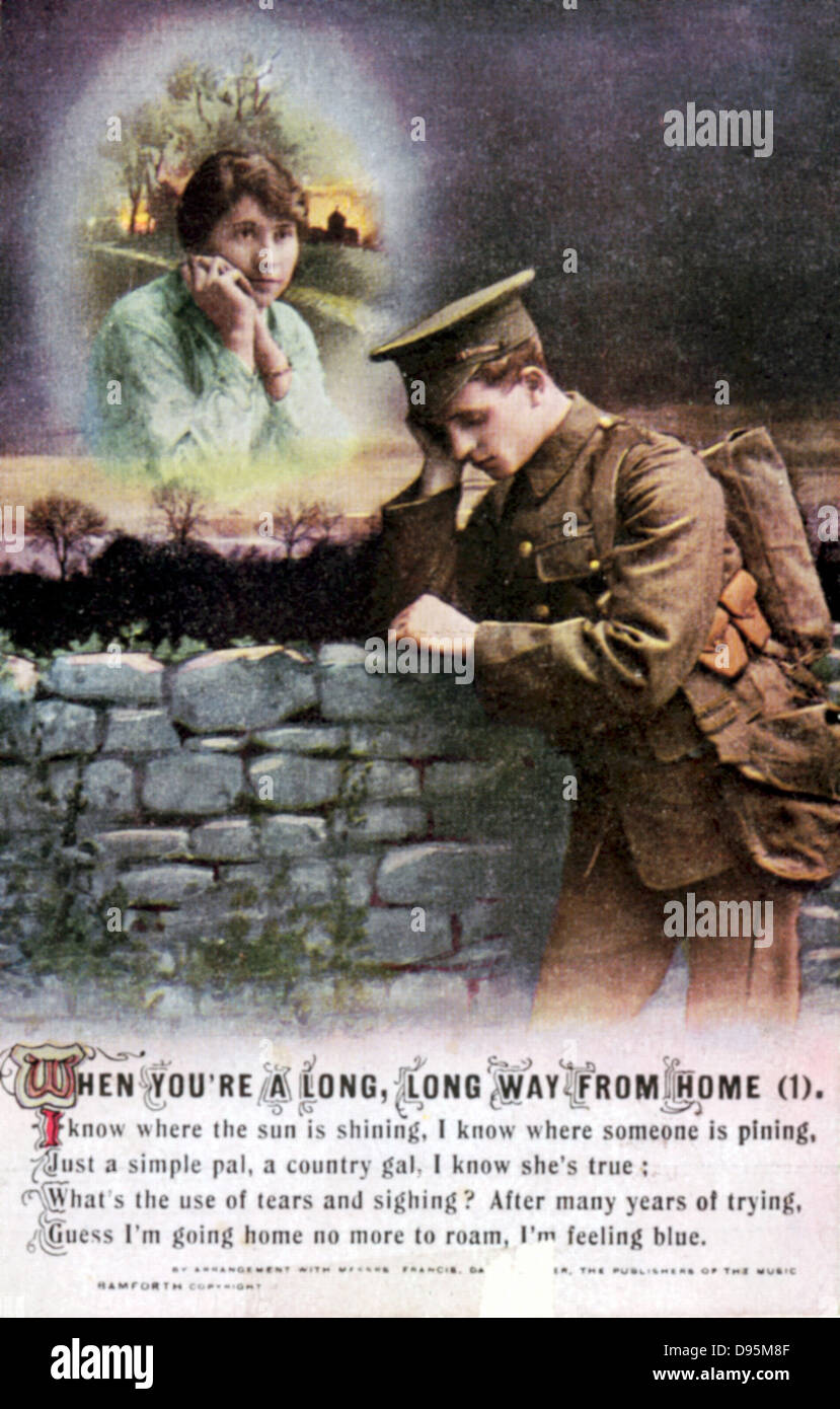 Ersten Weltkrieg: Britischer Soldat träumt von seiner geliebten Land zu Hause. Sentimental Postkarte c1914-1918. Stockfoto