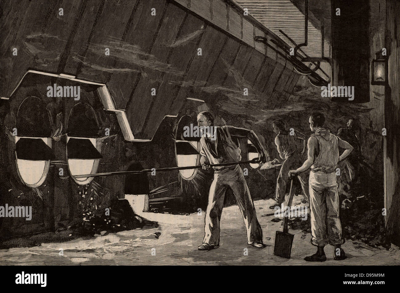 Heizer bei der Arbeit in der Hitze der Kesselraum eines transatlantischen Liner. Der Mann im Vordergrund ist, Harken Klinker aus dem Feuer, während der Mann weiter entlang der Reihe von Schaufeln ist in mehr Kohle. Von "La Science Illustree" (Paris, 1892). Gravur Stockfoto