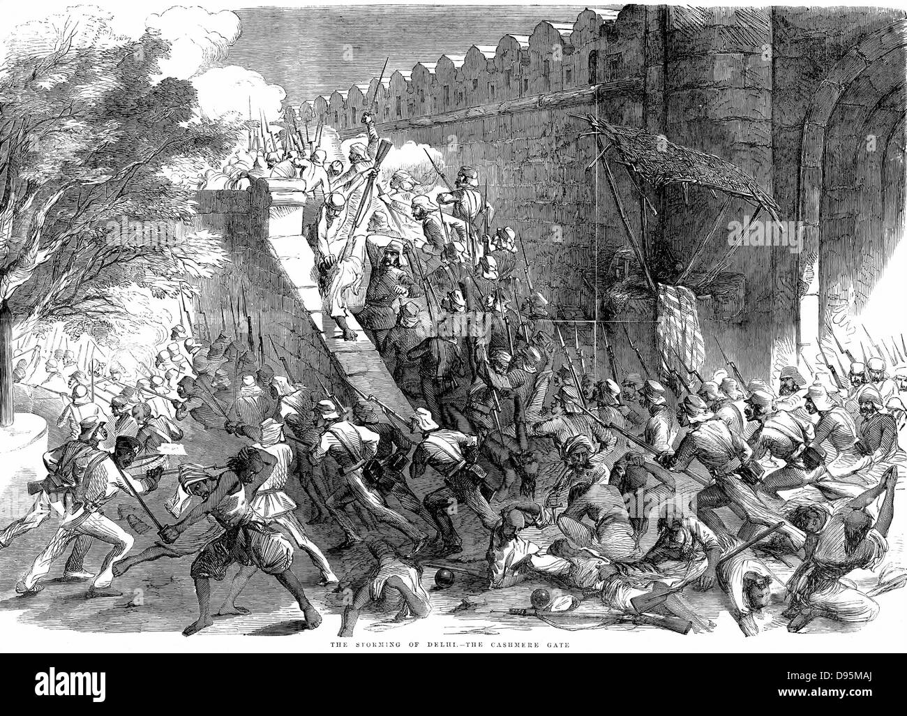 Indische (sepoy Meuterei), auch als der Sepoy Mutininy oder der Große Krieg der Unabhängigkeit: Belagerung von Delhi; Colonel Campbell's Truppen stürmen die Kaschmir Tor nach Ingenieuren, um es in die Luft gesprengt hatte. Von "Illustrated London News" 1857. Holzstich. Stockfoto