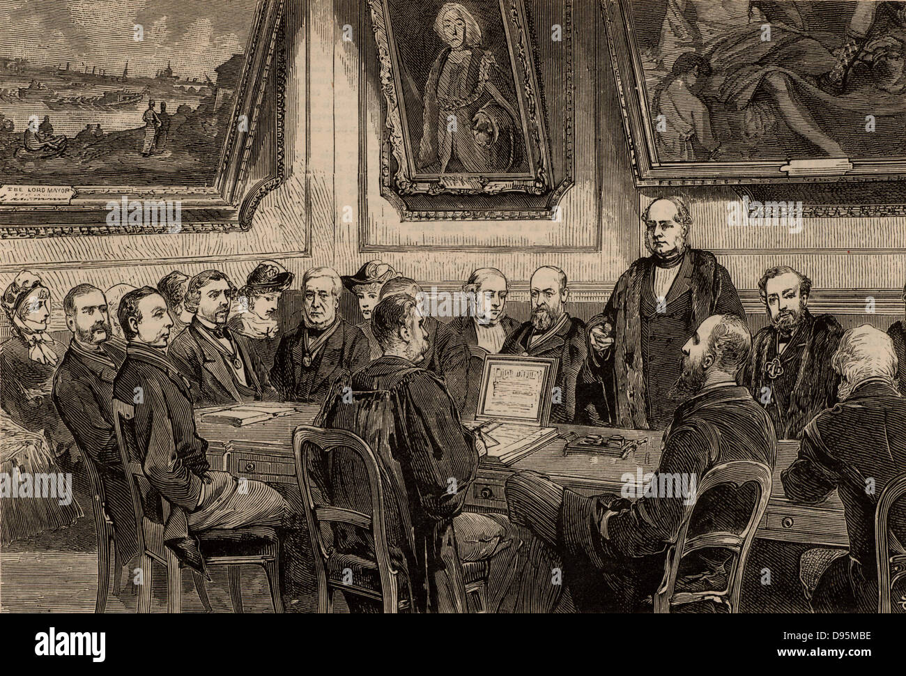 Henry Bessemer (1813-1893) englische Ingenieur Erfinder und Industriellen, mit der Freiheit der Turner's Unternehmen präsentiert wird, ein Londoner livery Company. Unter seinen Erfindungen waren die Bessemer Stahl Prozess und die bessemer Konverter. Von der "Illustrated London News" (London, 8. Mai 1880). Gravur. Stockfoto