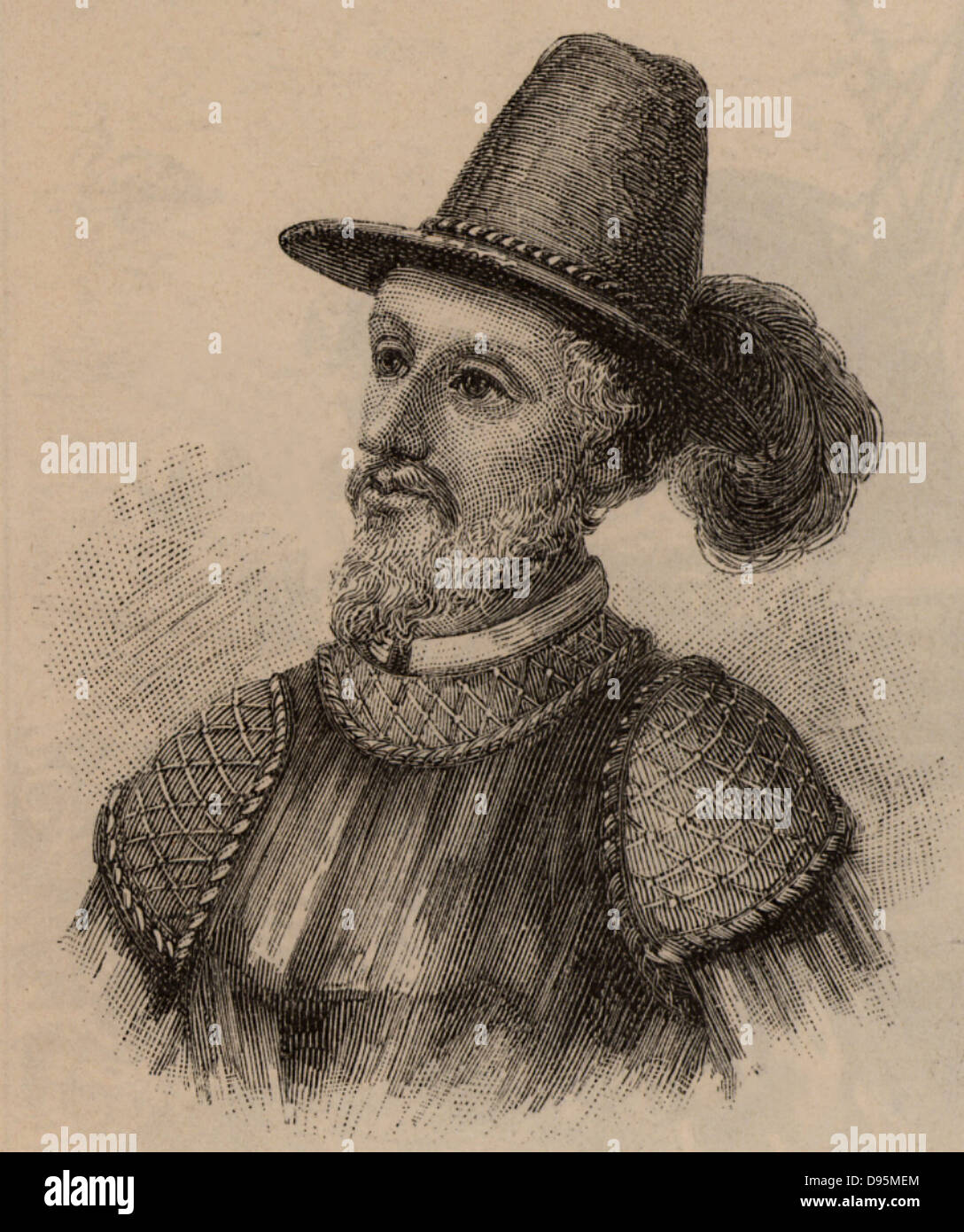 Juan Ponce de Leon (1460-1521) Spanischer Soldat und öffentlichen Diener, mit Kolumbus auf seiner zweiten Reise gesegelt. Von der spanischen Regierung fo kolonisieren Puerto Rico ernannt. Entdeckt Florida im April 1513. Ende des 19. Jahrhunderts Gravur. Stockfoto