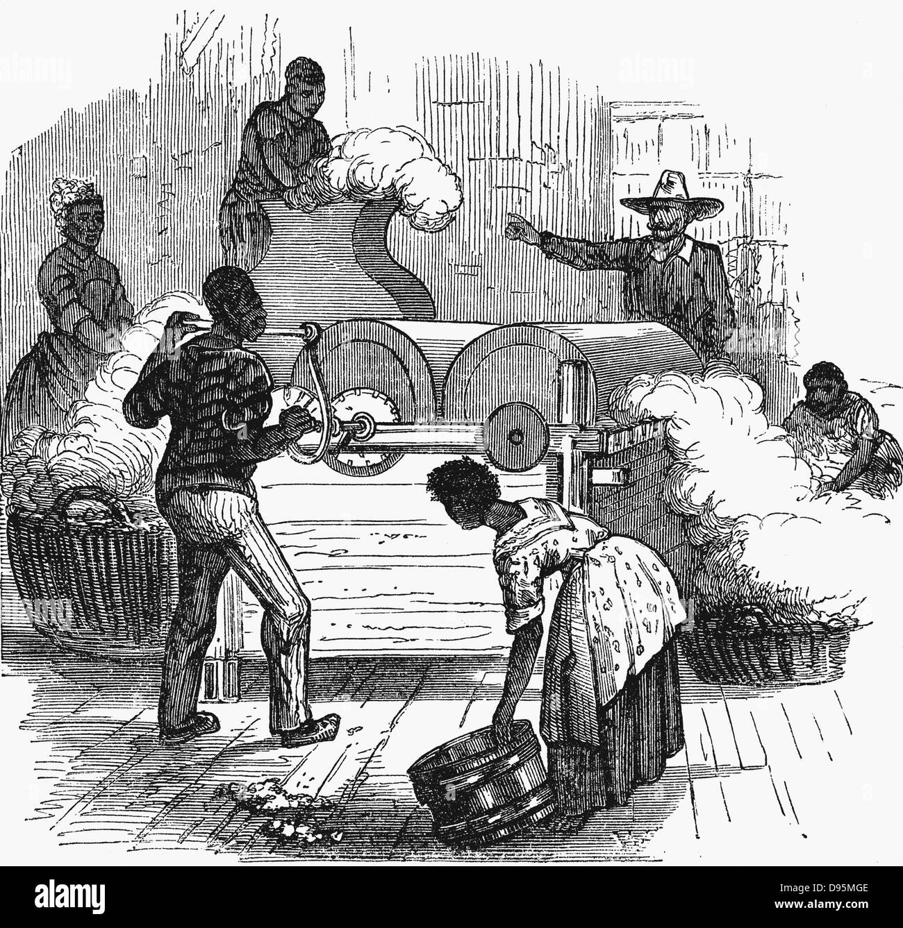 Die Samenkapseln durch Peitschen drücken, bevor Sie ihn durch eine Säge gin. Slave plantation Labour in den südlichen Staaten von Amerika. Holzschnitt 1860 Stockfoto