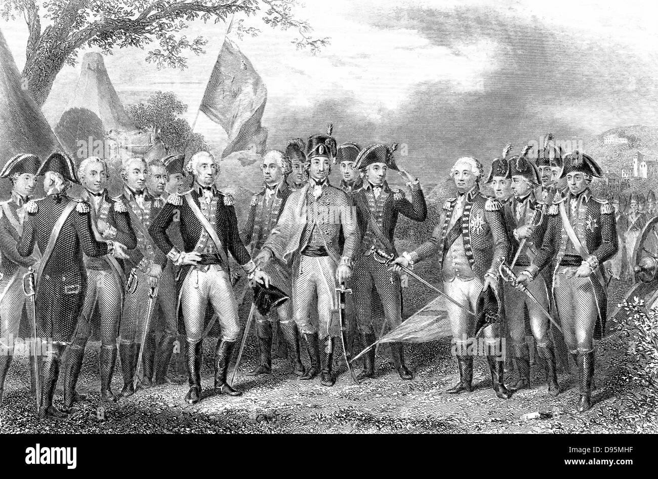 Amerikanischer Unabhängigkeitskrieg: Niederlage der Briten bei Yorktown, Virginia 1781. Charles, Marquis von Cornwallis (1738-1805) O'Hara und Chewton ihre Schwerter Hingabe an Washington. Gravur. Stockfoto