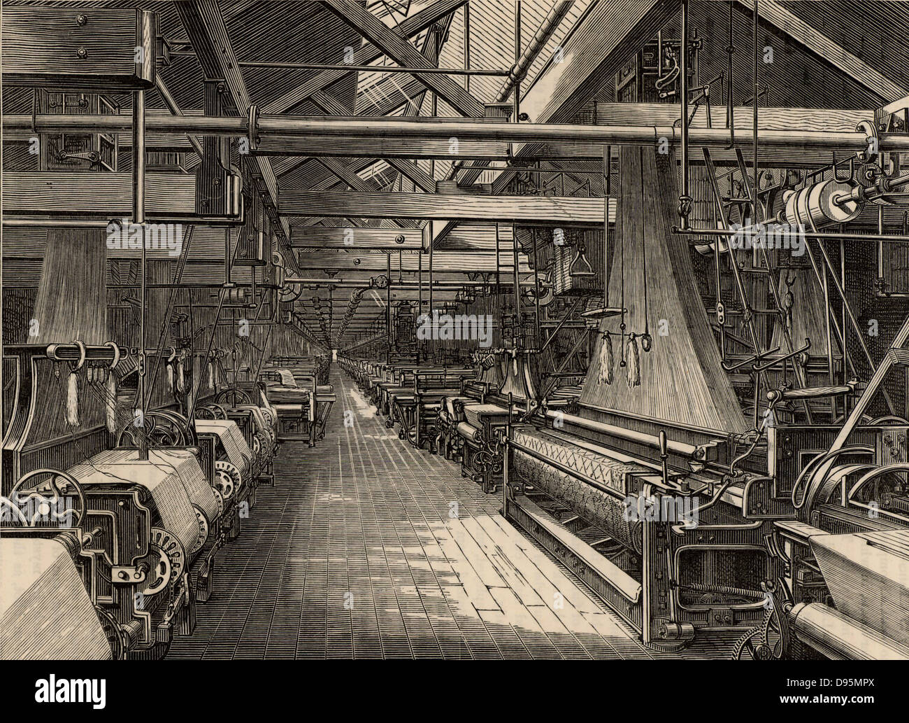 Weberei Schuppen, Erskine Beveridge&Firma St Leonard's Factory, Dunfermline, Schottland. Diese Schuppen sind fast 1.000 Jacquard Webmaschinen für das Weben von Leinen Damast. Den Riemen und die Antriebswelle Sendeleistung an die Webstühle aus einem fernen Dampfmaschine ist deutlich sichtbar. Von "großen Industrien von Großbritannien" (London, 1880). Gravur. Stockfoto