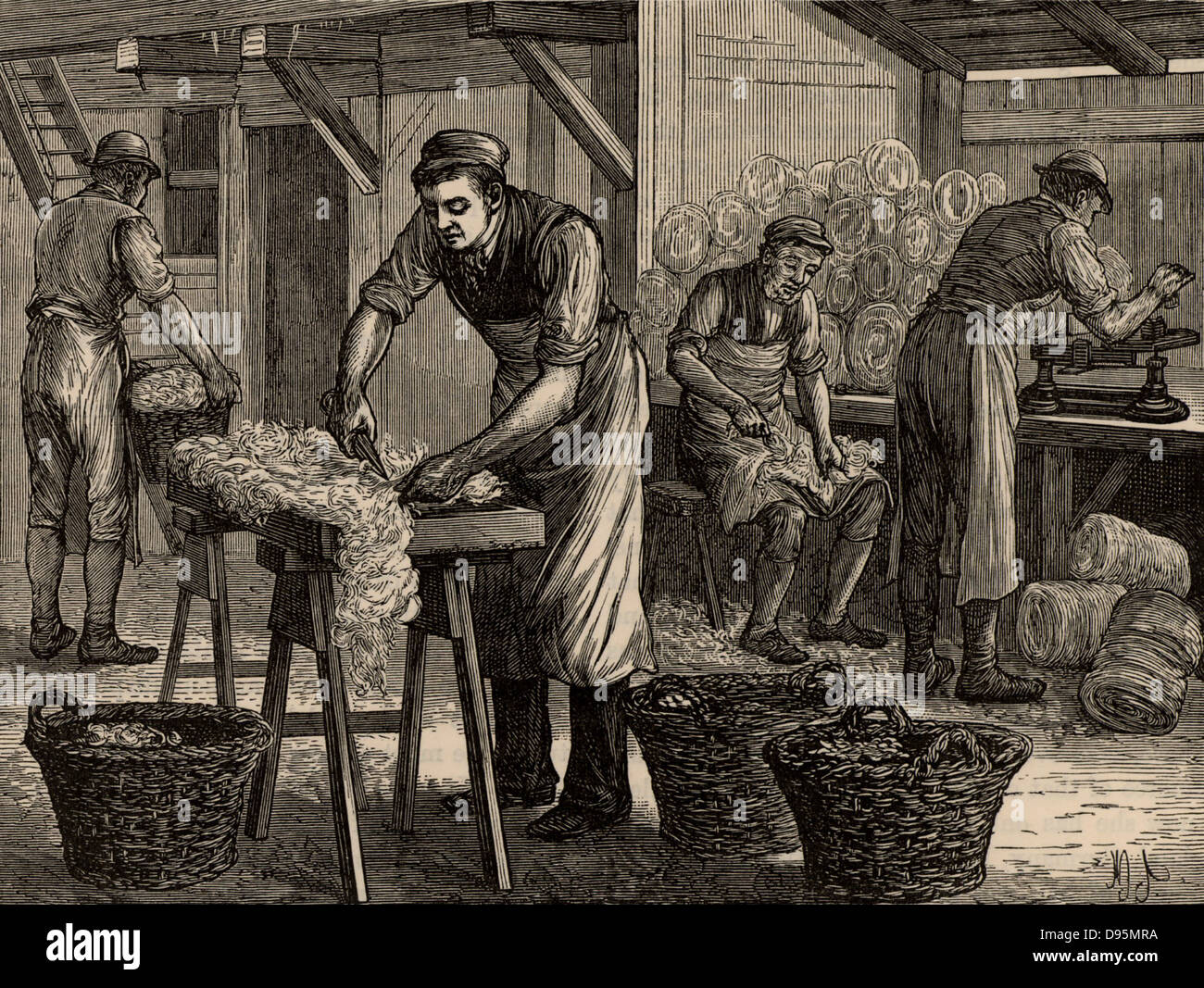 Woolsorters. Diese Arbeiter, die von einem woolstapler beschäftigt waren, die Wolle aus verschiedenen Bereichen der Vliese in Partien getrennt sortiert. Wie Gerber, waren sie gefährdet Anthrax von der Vliese. Von "großen Industrien von Großbritannien" (London, 1880). Gravur. Stockfoto