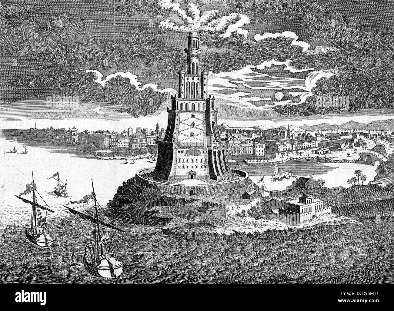 Der große Pharos (Leuchtturm) erbaute 280 v. Chr. auf der Insel Pharos in der Bucht von Alexandria, Ägypten. 18. Jahrhundert Gravur Stockfoto