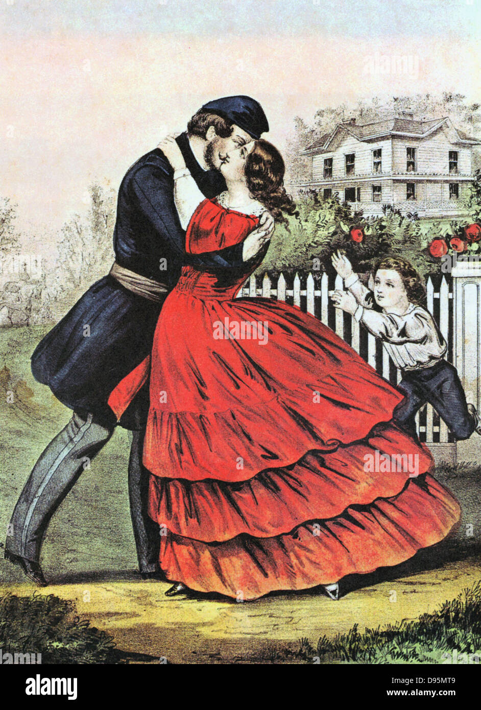 Home aus dem Krieg': Currier Ives und Drucken der Union (nördlichen) Soldat sicher wieder nach Haus und Familie am Ende des Amerikanischen Bürgerkriegs 1865. Stockfoto