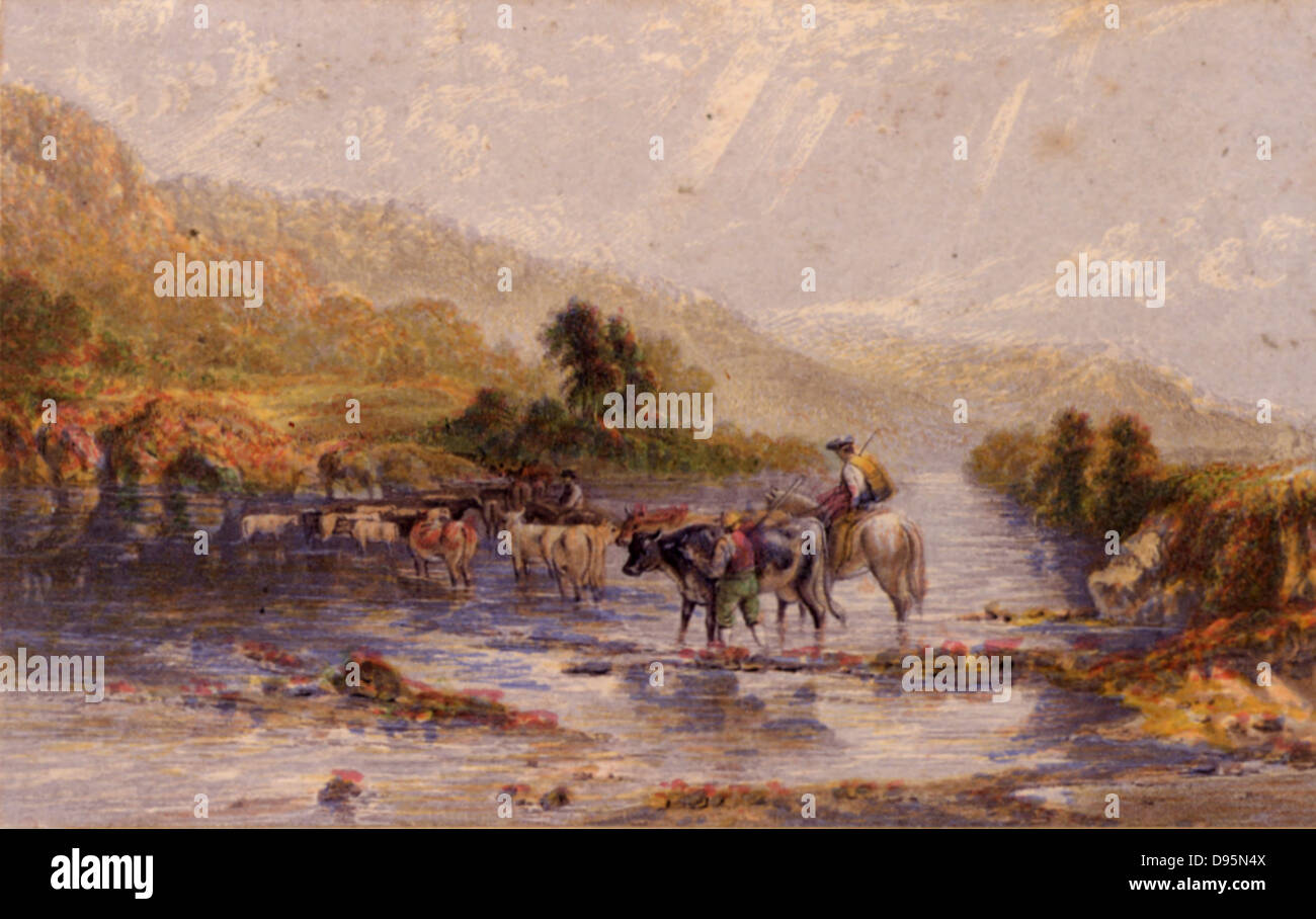 Welsh Treibern. Rinder geboren und auf Bauernhöfen in Wales im Herbst erhoben wurden angetrieben Tiefland weiden in England und gemästet Rindfleisch für den Tischen des englischen Städten zu liefern. Oleograph von George Baxter (1804-1858). Nadel Box drucken. Stockfoto