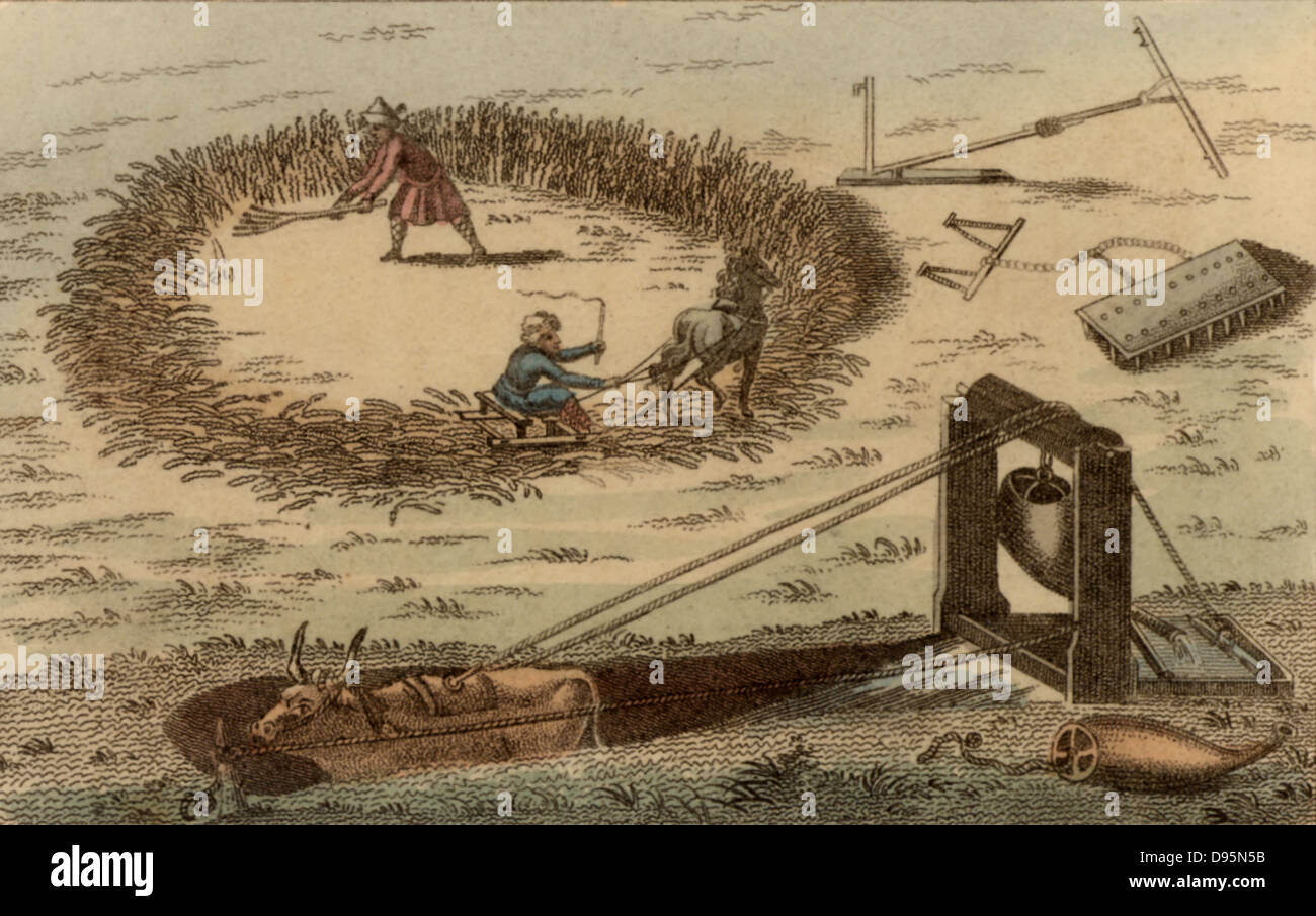 Dreschen von Mais mit einem Pferd einen Schlitten ziehen. Mit einem Ochsen Eimer Wasser aus einem Brunnen zu erhöhen. Mitte des 19. Jahrhunderts farbige Gravur. Stockfoto