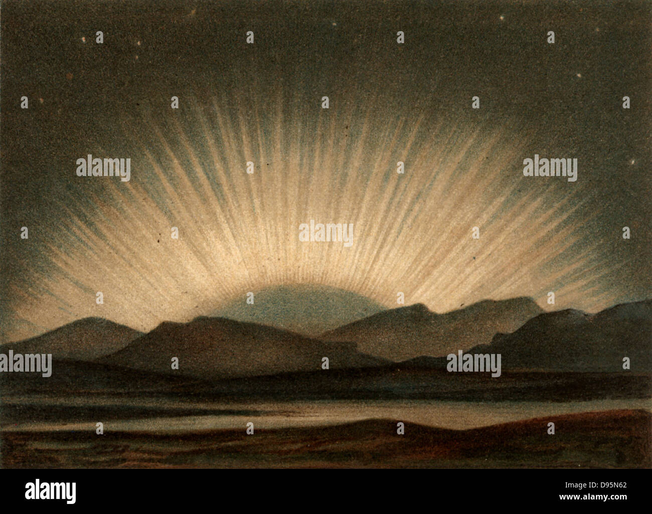 Aurora Borealis oder Polarlichter beobachtet von Deutschen und Südskandinavien. Durch schnelle Teilchen von der Sonne ausgestoßen, Sie sind am häufigsten während der Perioden der maximale Sonnenflecken beobachtet. Von 'Die Naturkrafte' von M Wilhelm Meyer (Leipzig, 1903). Chromolithograph. Stockfoto