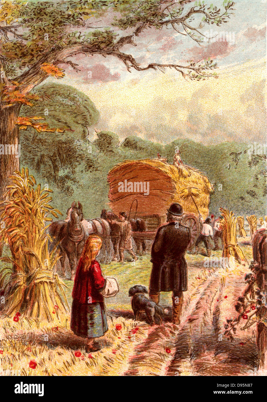 Die Zeit der Ernte. Laden Riemenscheiben von Mais auf einem Pferdewagen. Die Karre berücksichtigt werden, die auf dem Hof und den Garben, entweder in einer Scheune gelagert oder in Stapeln zu gespeichert, bis Sie einen geeigneten Zeitpunkt war der Mais aus den Stroh zu trennen durch Dreschen gebaut. Kronheim chromolithograph von 'Bilder aus der Natur" von Mary Howitt (London, 1869). Stockfoto