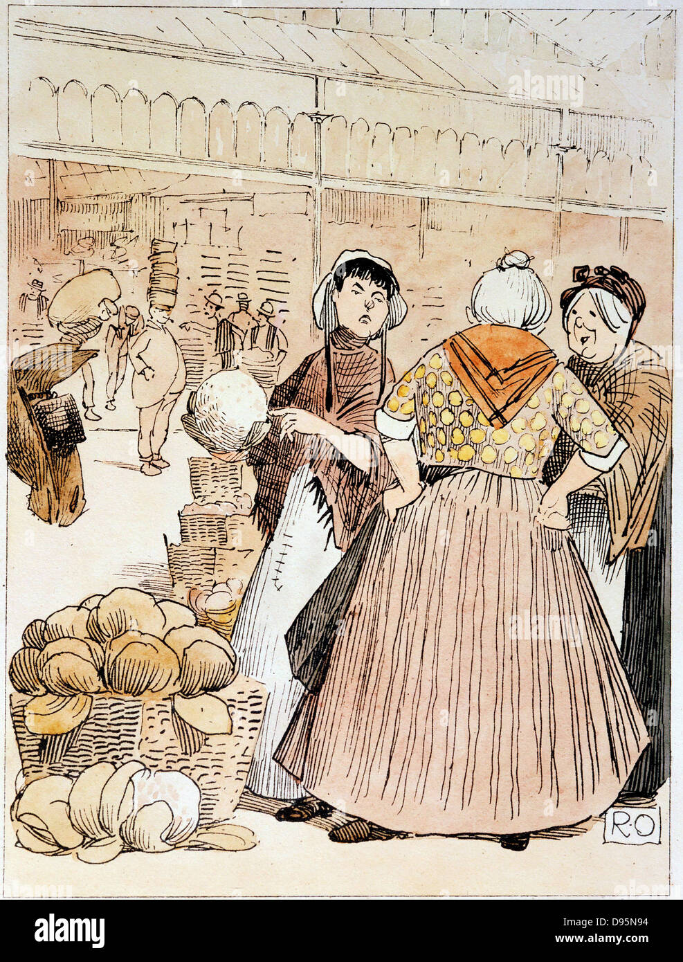 Markt Frauen über die Vorzüge der Blumenkohl. Im linken Hintergrund ein Portier ist eine trikes Stack von Körben oder 's' auf seinem Kopf. Covent Garden Markt für Obst und Gemüse, London. Im frühen 20. Jahrhundert pen und Waschen. Stockfoto