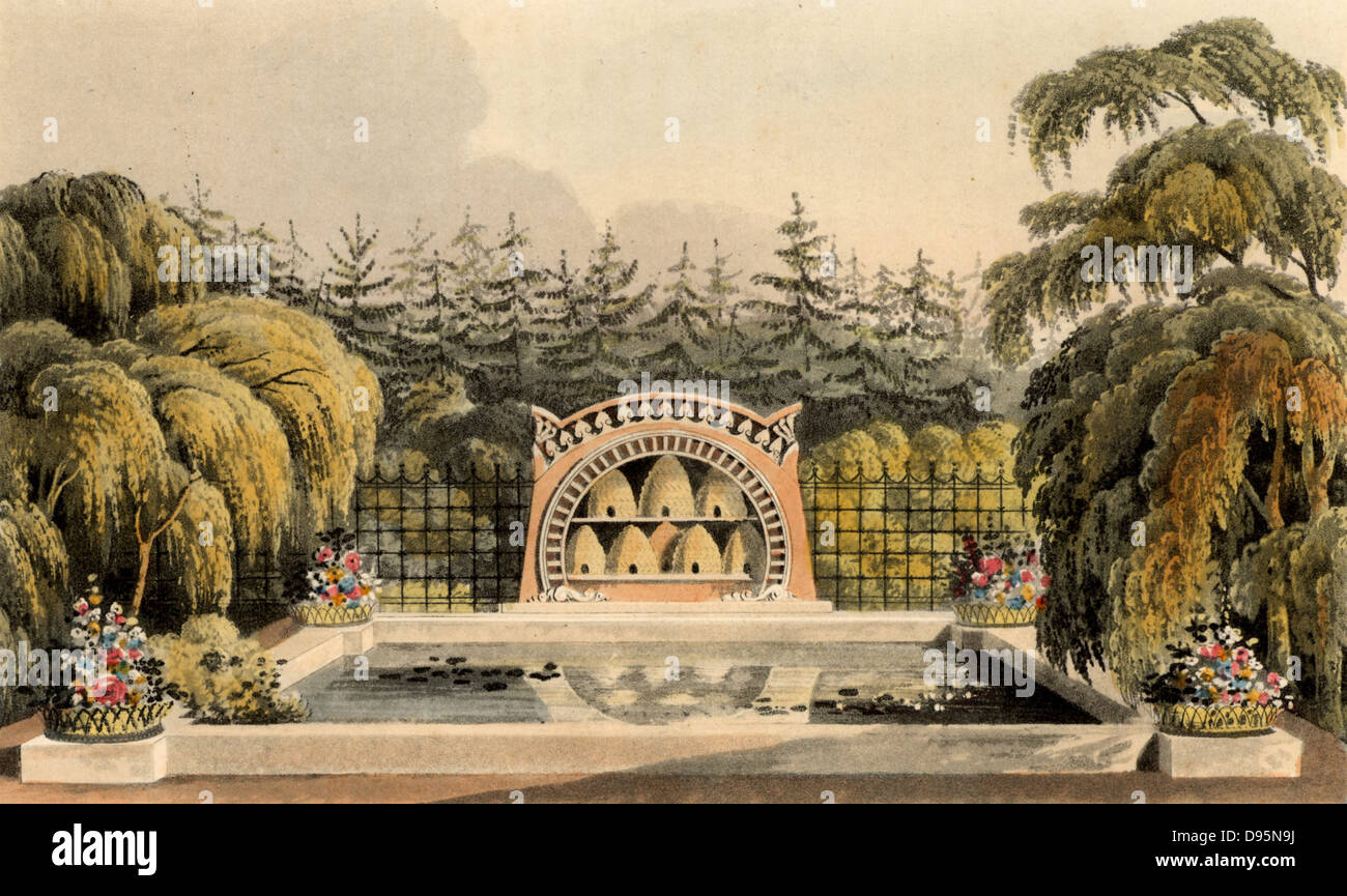 Design für Garten mit Biene Tierheim mit Biene skeps und Pool umrahmt von Bäumen einschließlich trauerweide (Olea europaea). Von "Repository of Arts", R.Ackermann, (London, 1820). Stockfoto