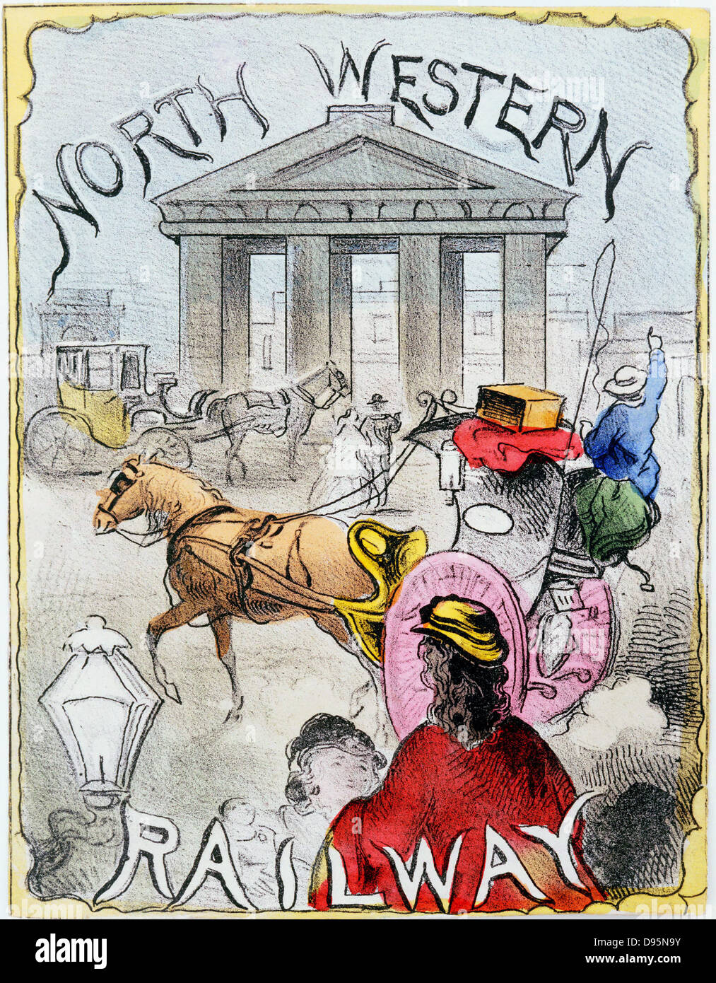 London Endstation der North Western Railway, die belebte Szene mit Personen und ein Hansom Cab vor Euston Arch. Handcolorierte Lithographie von einer Eisenbahn Brettspiel c 1860. Stockfoto