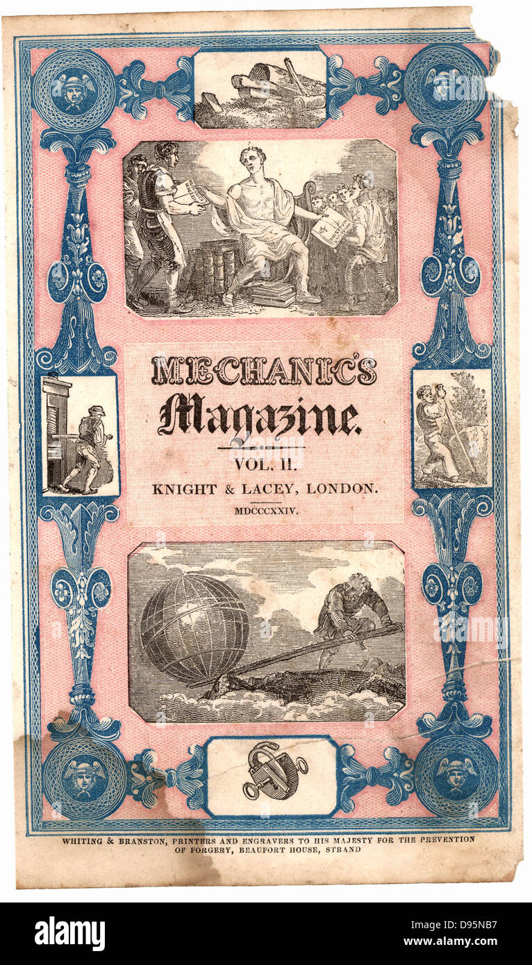 Titelblatt der Zeitschrift 'Mechanic' (London, 1824). Die Abbildung in der unteren Abbildung ist Archimedes (c 287-212 v. Chr.), griechischer Mathematiker und Erfinder, der sagte: "Gebt mir einen Hebel haben und ich werde die Erde bewegen" bekannt ist. Die vier kleinen Vignetten zeigen verschiedene Anwendungen des Hebels mit mechanischen Nutzen. Gravur. Stockfoto