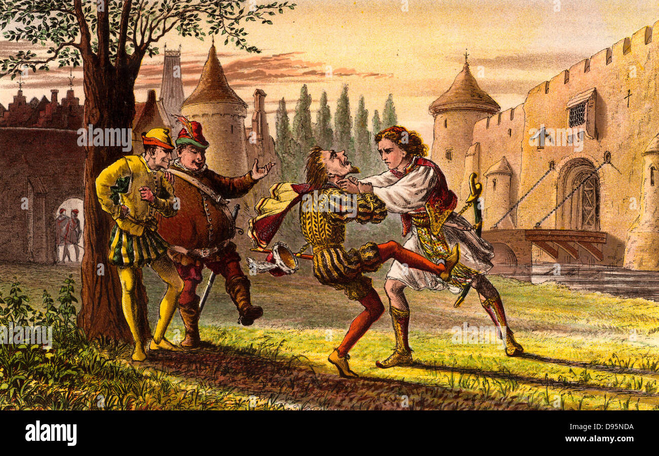 Sebastian, Olivia's lange verlorenen Bruder, Angriff auf Sir Andrew Aguecheek, von Sir Toby rülpsen und Feste der Clown beobachtet. Illustration von Robert Dudley (Aktive 1858-1893) veröffentlicht 1856-1858 für die "Zwölfte Nacht oder, was Ihr wollt" von William Shakespeare, wahrscheinlich im Jahre 1601 geschrieben. Chromolithograph. Stockfoto