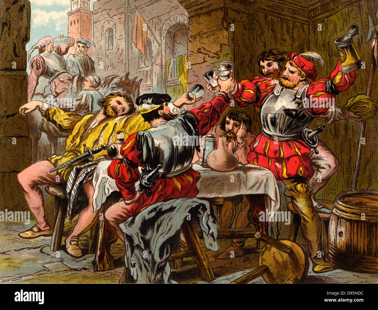 Lassen Sie mich die Canakin Clink': 'Othello' Act II. Szene II. Jago, Cassio und Montano trinken in der Halle des Schlosses. Illustration von Robert Dudley (Aktive 1858-1893) veröffentlicht 1856-1858 für die Tragödie "Othello, der Mohr von Venedig" von William Shakespeare, zwischen 1602 und 1604 geschrieben. Chromolithograph. Stockfoto