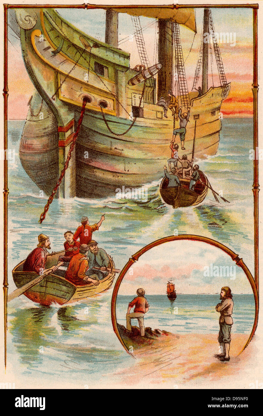 Das Leben und die seltsamen überraschenden Abenteuer des Robinson Crusoe von Daniel Defoe. Erstmals im Jahre 1719 veröffentlicht, es wird behauptet, die erste englische Roman zu werden. Crusoe hilft Das englische Schiff aus der Meuterer zu erlangen. Die meuterer sind auf der Insel die abgebrochen wurden, während sie Crusoe und Freitag und die loyale Mitglieder der Crew segeln für England, die Crusoe nicht für 28 Jahre gesehen hat. Von "Blasen" c 1900 von Dr Barnados Wohnungen für Kinder veröffentlicht. Oleograph. Stockfoto