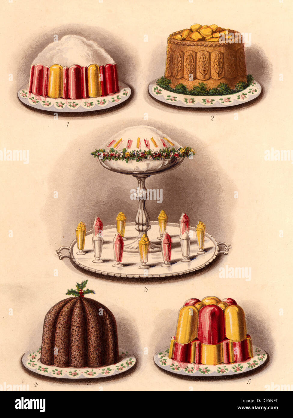 Puddings und einer Torte. Top; Marmelade und Sahne, und Yorkshire pie mit aspik Gelee. Unten; Christmas Pudding, und Gelee. In der Mitte ist eine triflle vom ICES und Gelees umgeben. Von "Chromolithograph Cassell Buch des Haushalts" (London, 1895). Stockfoto