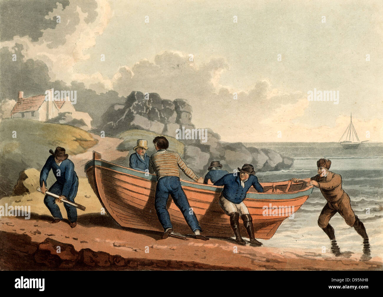 Ein Klinkerbau Ruderboot am Ufer schleppen. Aquatinta, London, 1821. Stockfoto