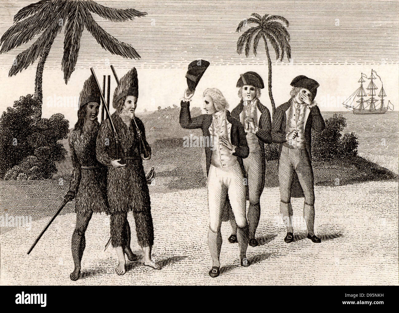 Robinson Crusoe und seine Begleiter Freitag, Links, mit der englische Kapitän, dem er geholfen hat, die Meuterei auf seinem Schiff zu unterwerfen. Nach 28 Jahren auf seiner Insel gestrandet, Crusoe verbindet das Schiff und Segel für zu Hause. "Das Leben und die seltsamen überraschenden Abenteuer des Robinson Crusoe" von Daniel Defoe zuerst veröffentlicht 1719, basiert zum Teil auf Erfahrungen 1704-1709 von Alexander Selkirk und durch einige behaupteten erste englische Roman zu werden. Gravur von Edition c 1790. Stockfoto