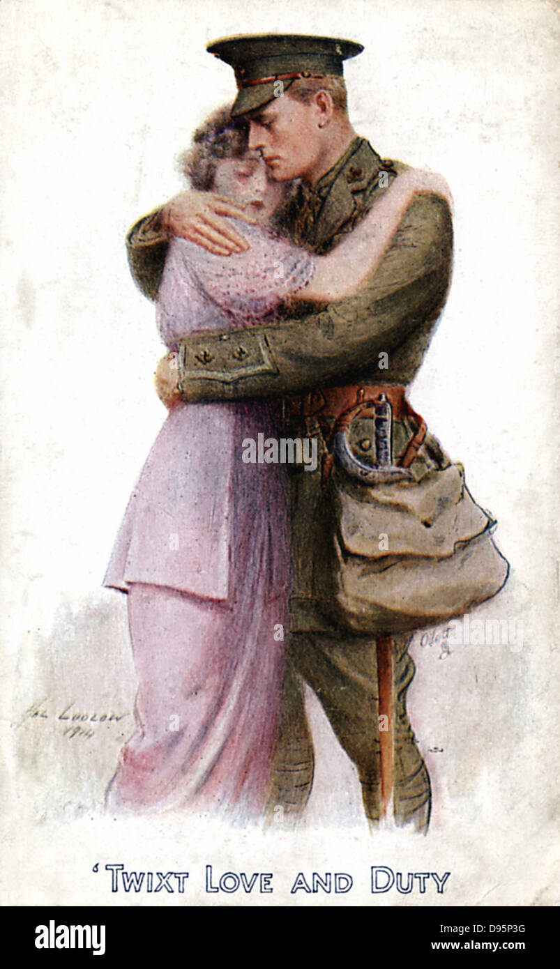 Ersten Weltkrieg Postkarte von 1914, britischen Offizier Abschied geliebten und den Anruf Pflicht zeigen. Stockfoto