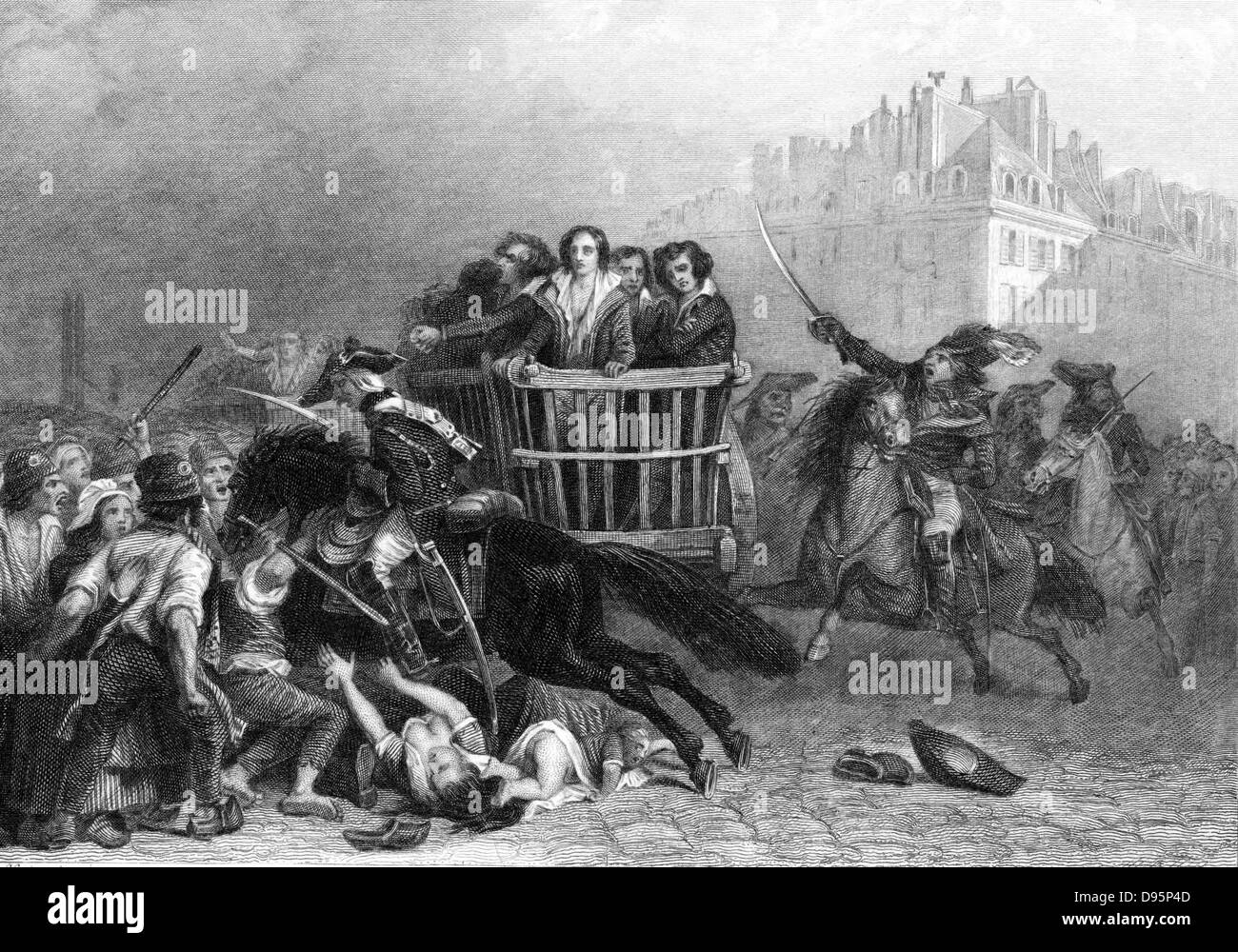 Französische Revolution: Letzte Opfer der Schreckensherrschaft ergriffen, um die Guillotine in einem Bildrand. Gravur. Stockfoto