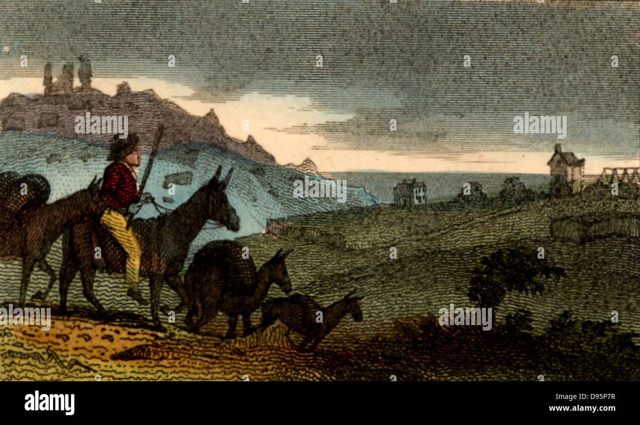 Cornish tinners über maultiere das Erz aus der Mine auf die Hütte zu tragen. Von cenes in England" von Pfr. Isaac Taylor, London, 1822. Handcolorierte Kupferstich. Stockfoto