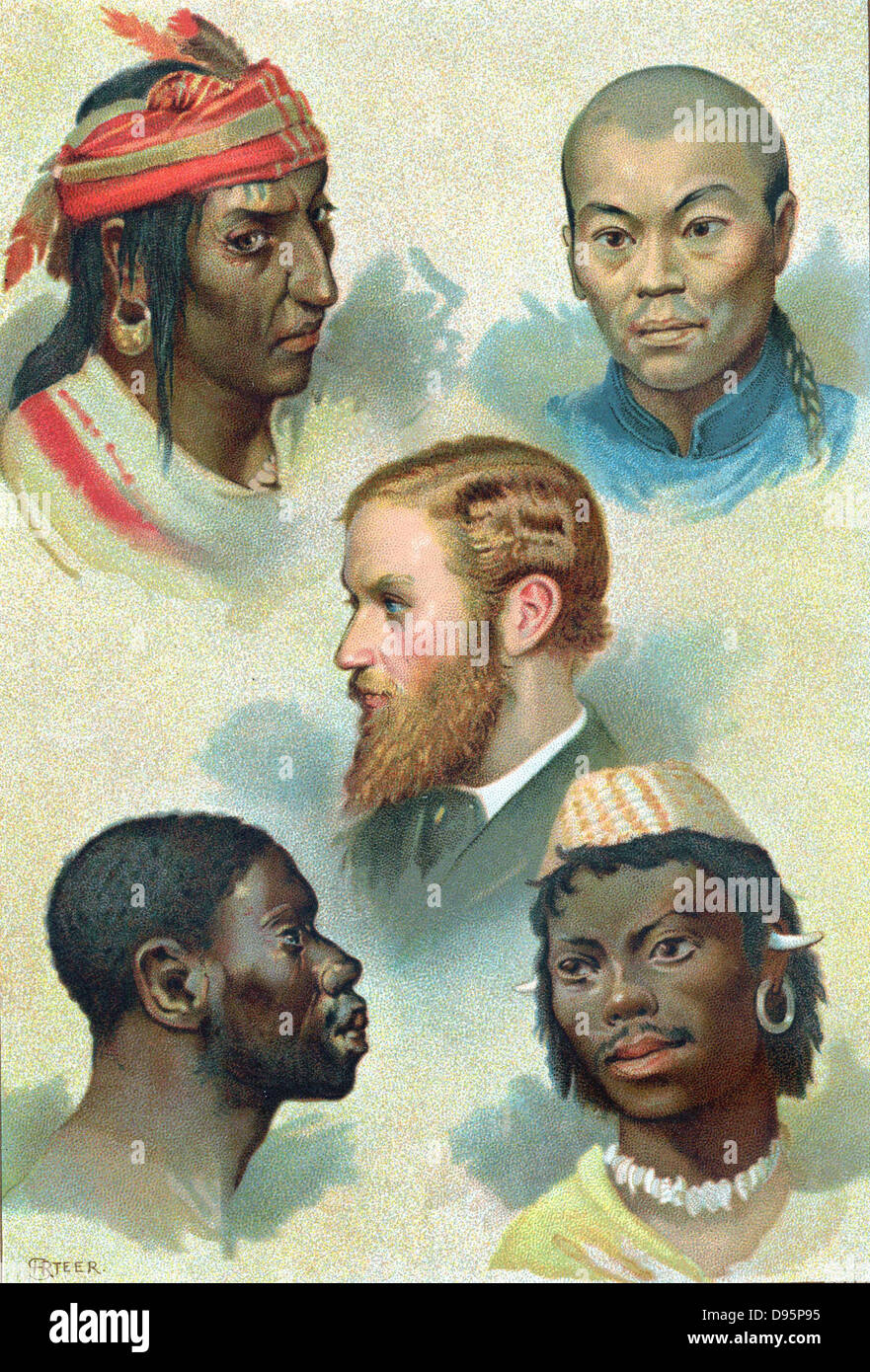 Fünf Arten in dem deutschen Arzt und Physiologe Johann Friedrich Blumenbach (1752-1840) unterteilt, um die menschliche Rasse: Kaukasisch, Mongolisch, Malaiische, Äthiopische und Amerikanische. Stockfoto