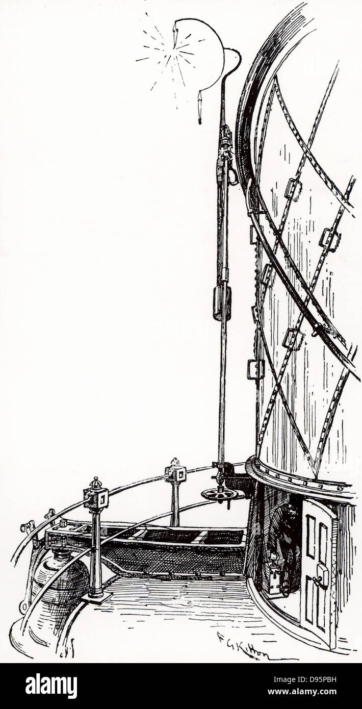Nebel Signal auf dem eddystone Leuchtturm gebaut auf dem Stein 13 km süd-östlich von Polperro, Cornwall, England gefeuert. Dies ist die fünfte Eddystone Leuchtturm, entworfen von James Douglas, Ingenieur zu Trinity House, zwischen 1878 und 1892 gebaut. Gravur von 'The Strand Magazine" (London, 1892). Stockfoto