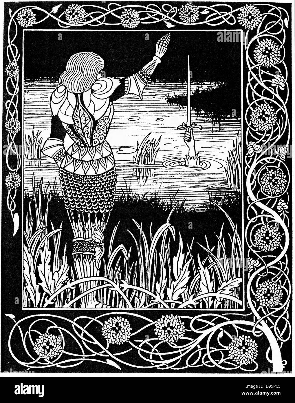 Hand in den See um Excalibur, König Artus' Schwert. 1893 Illustration von Aubrey Beardsley für Thomas Mallory 'Le Morte D'Arthur'. Holzschnitt. Stockfoto